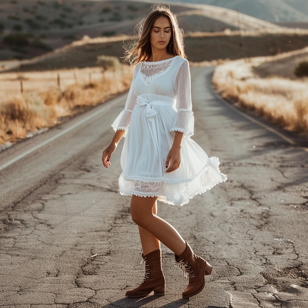 a woman in a white dress is standing in the road