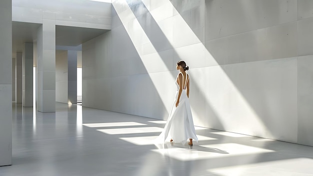 Photo a woman in a white dress is standing in a room with sunlight shining on the floor