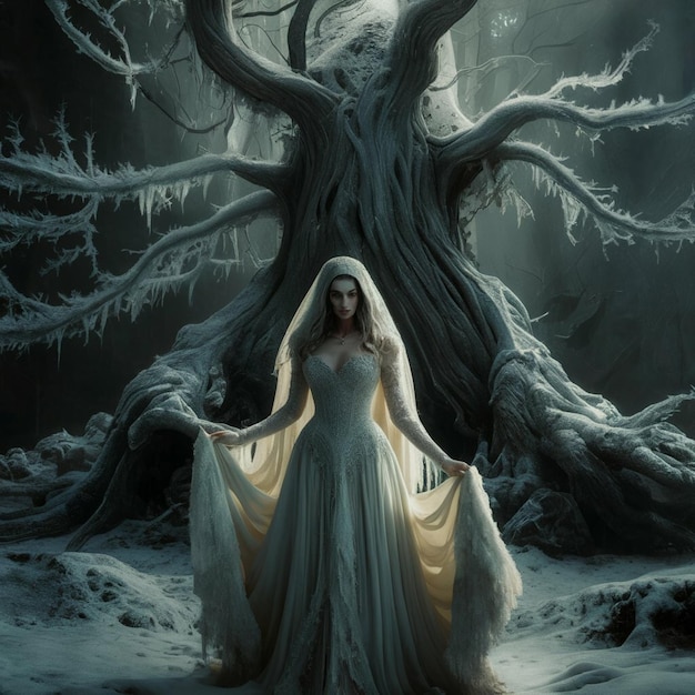 a woman in a white dress is standing in a snowy forest