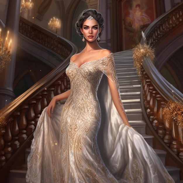 a woman in a white dress is standing on a staircase.