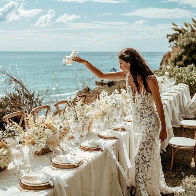 Photo a woman in a white dress is standing at a table with flowers on it