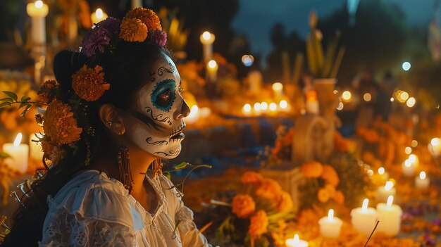 Photo a woman in a white dress is surrounded by flowers and candles