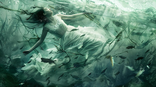 a woman in a white dress is swimming in the water with fish