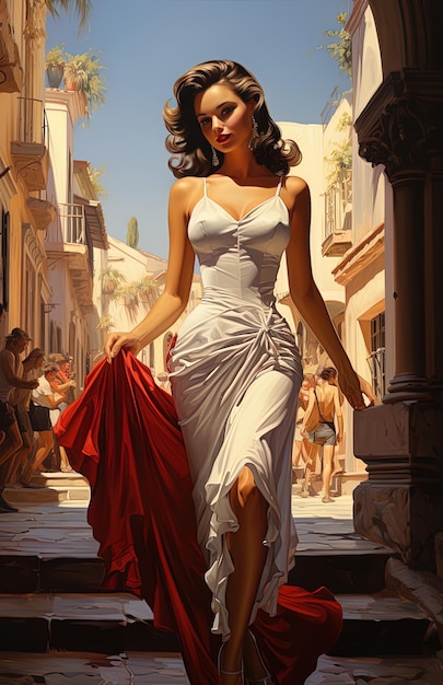 a woman in a white dress is walking down a street