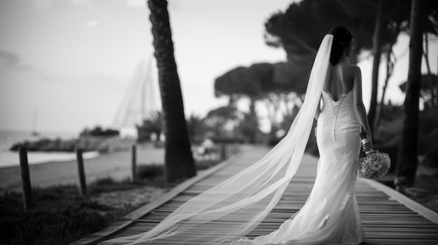 Photo a woman in a white dress is walking down a wooden boardwalk