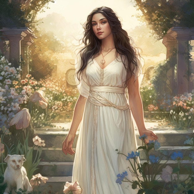 A woman in a white dress is walking in a garden with flowers and a cat.