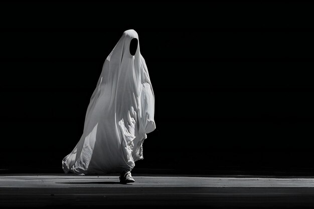 Photo a woman in a white dress is walking on a stage