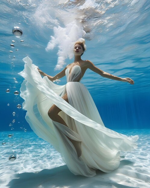 Photo a woman in a white dress is under water with a wave in the water