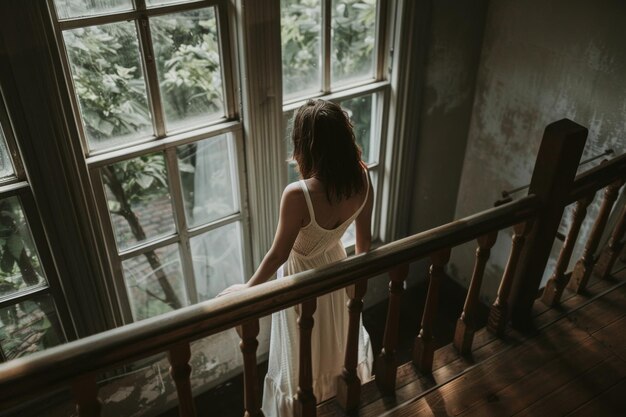 Woman in White Dress Looking Out of Window