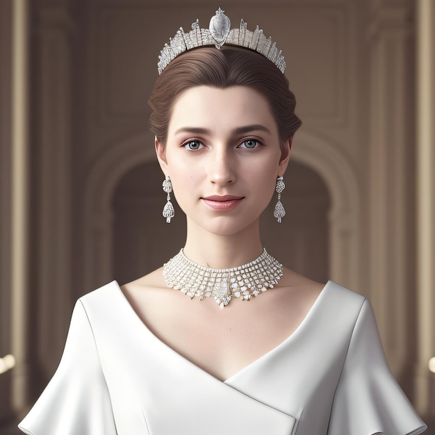 A woman in a white dress and a necklace with the word queen on it.