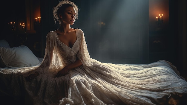 A woman in a white dress sits on a bed in a dark room with a light shining on her dress.