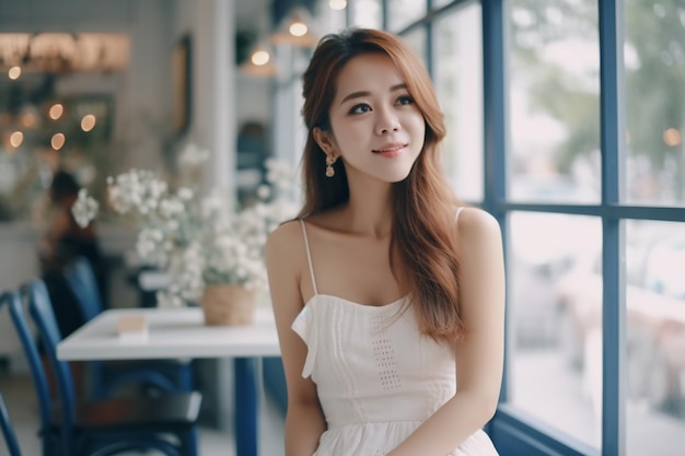 A woman in a white dress sits in a cafe looking out a window.