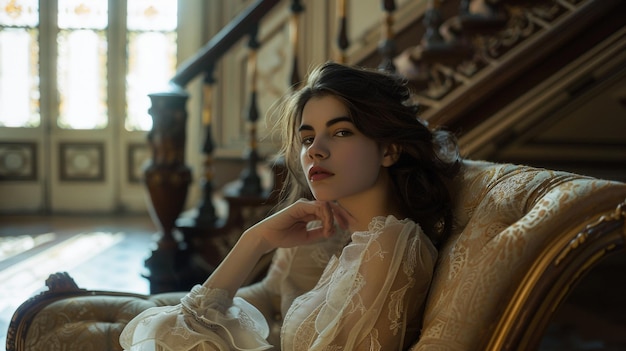 Photo a woman in a white dress sits on a chair in front of a staircase