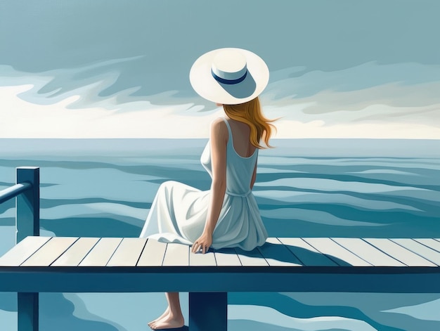 A woman in a white dress sits on a dock and looks out to sea.