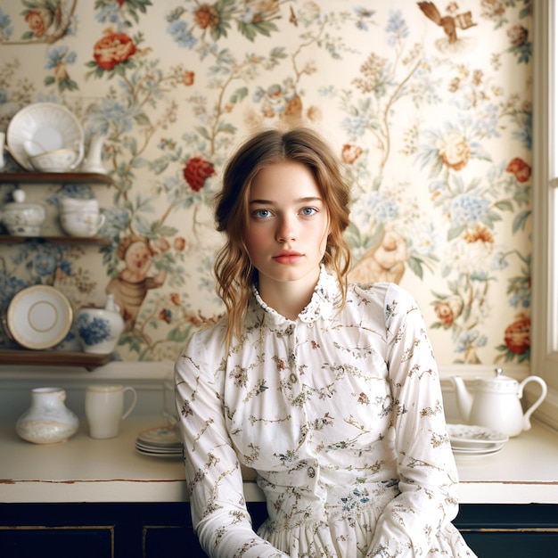 Photo a woman in a white dress sits in front of a floral wallpaper