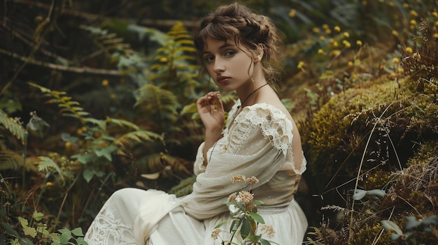 a woman in a white dress sits in the grass with flowers