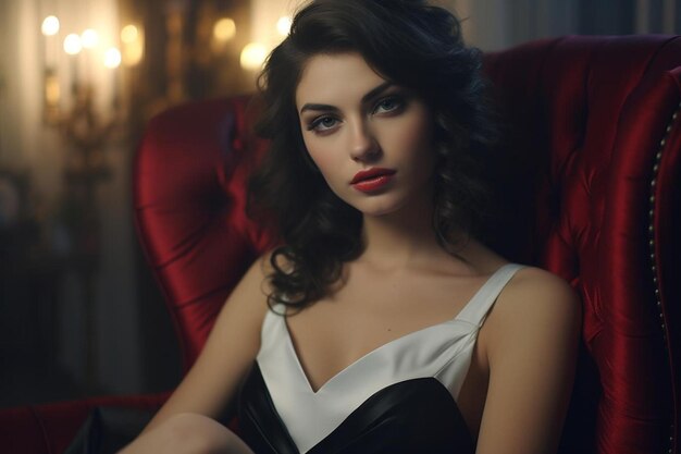 a woman in a white dress sits in a red chair.