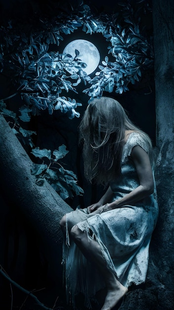 a woman in a white dress sits in a tree with the moon behind her