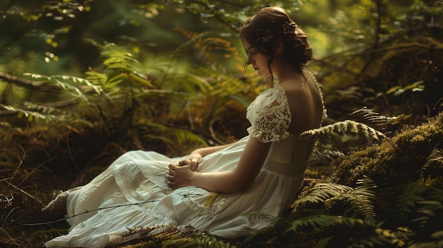 a woman in a white dress sits in the woods