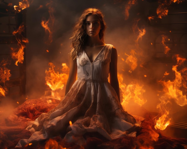 a woman in a white dress sitting on a bed surrounded by flames