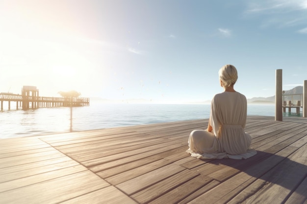 Woman in White Dress Sitting in Lotus Pose Near Sea Practicing Yoga with Seaview Generative AI