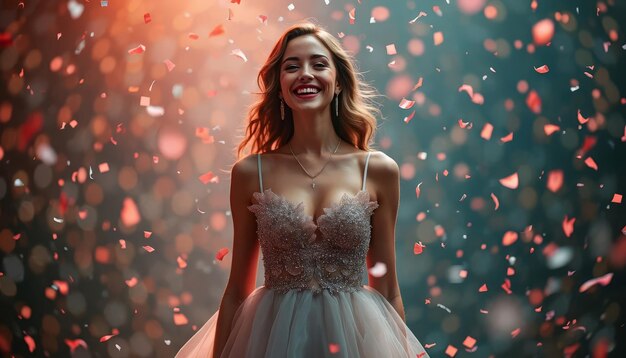 Photo a woman in a white dress smiles in front of a bunch of confetti