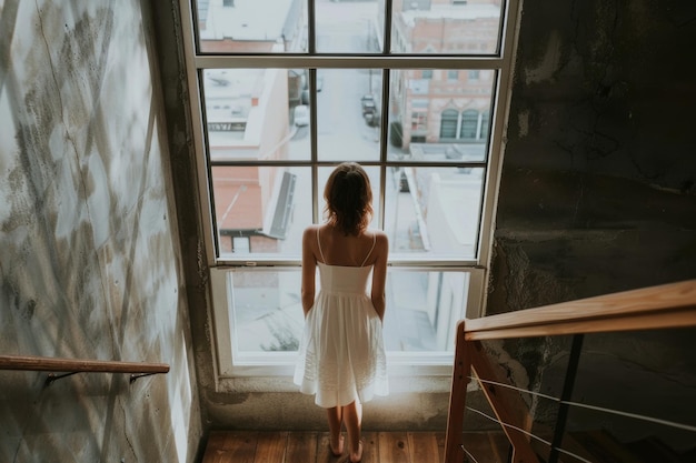 Woman in White Dress Standing by Window