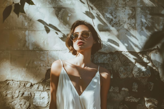 Photo a woman in a white dress standing in front of a brick wall