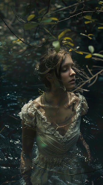 Photo woman in white dress standing in a river surrounded by green trees