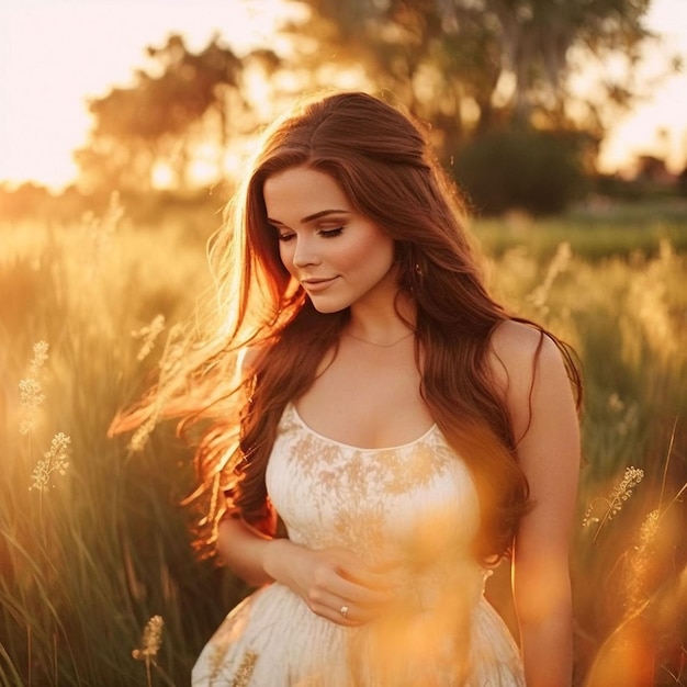 A woman in a white dress stands in a field of tall grass and looks into the distance.