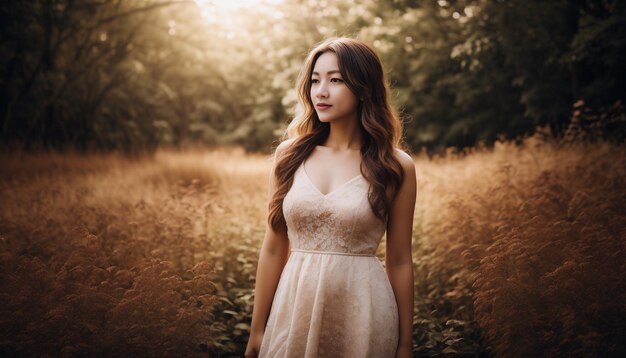 a woman in a white dress stands in a field of tall grass