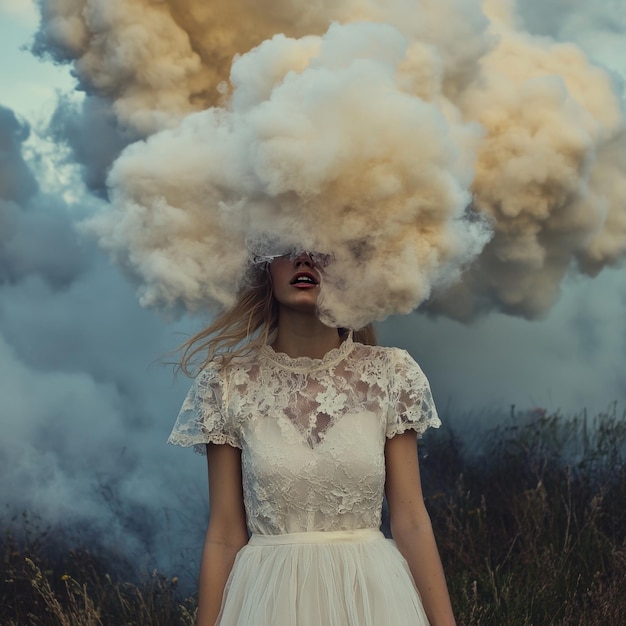 Photo a woman in a white dress stands in a field with a cloud of smoke covering her head