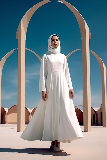 A woman in a white dress stands in front of a building