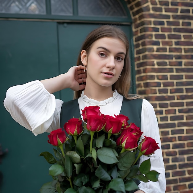 Photo a woman in a white dress stands in front of a bunch of red roses