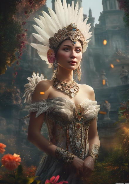 A woman in a white dress stands in front of a forest with flowers and a gold feather on her head.