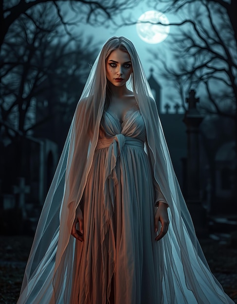 a woman in a white dress stands in front of a full moon