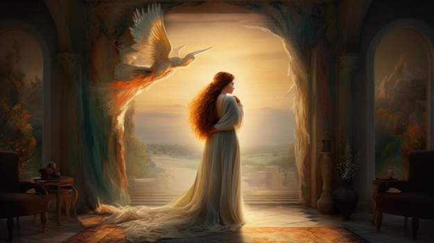 A woman in a white dress stands in front of a golden bird.