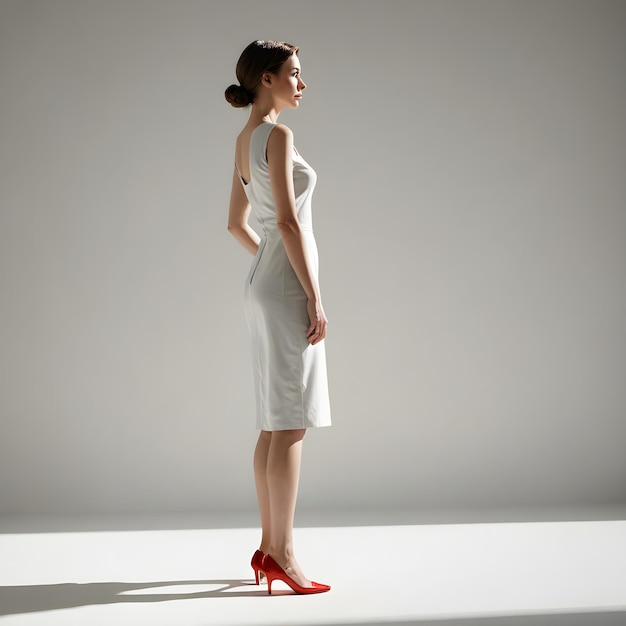 a woman in a white dress stands in front of a gray wall