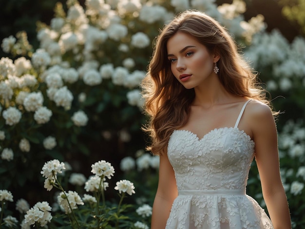 a woman in a white dress stands in front of a white bush with white flowers