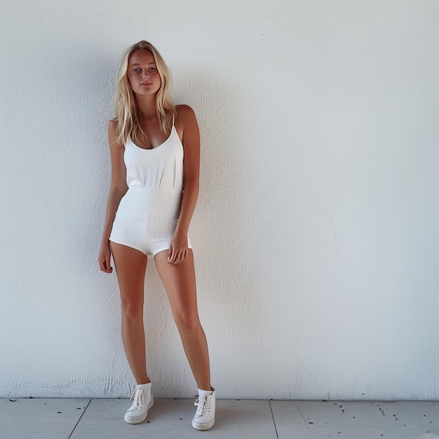 Photo a woman in a white dress stands in front of a white wall