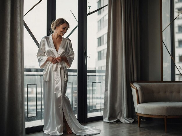 Photo a woman in a white dress stands in front of a window