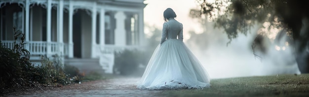 Photo a woman in a white dress stands in a misty landscape near a vintage house