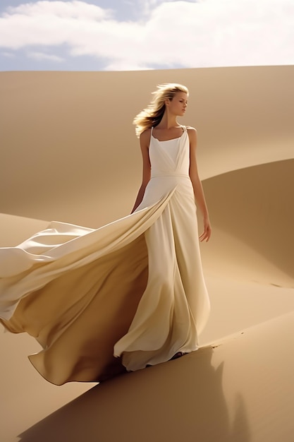 A woman in a white dress stands in the sand in the desert.