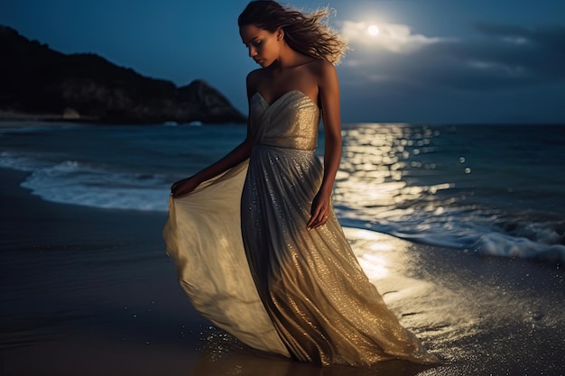 A woman in a white dress stands in the water at the beach in a white dress with the moon behind her.