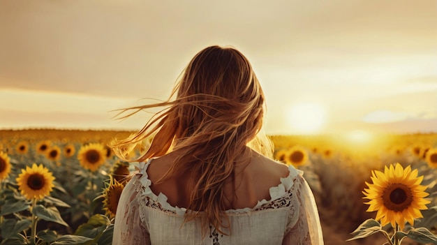 Woman in white dress in a sunflower field