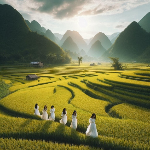 Woman in white dress walking in rice fields