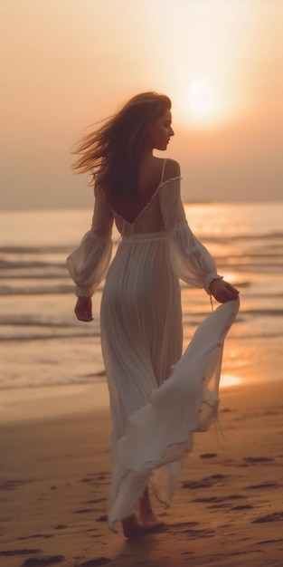 A woman in a white dress walks on the beach at sunset.