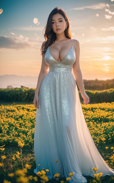 A woman in a white dress walks through a blooming orchid