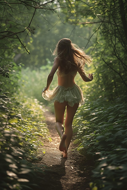 Photo woman in a white dress walks through a green forest on a dirt path