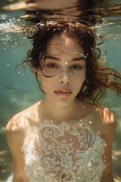 Photo a woman in a white dress under water with her hair blowing in the wind